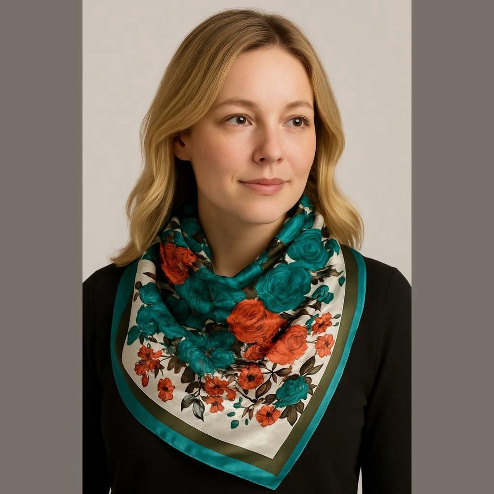Floral Square Scarf - Teal & Coral Print - Versatile Accessory